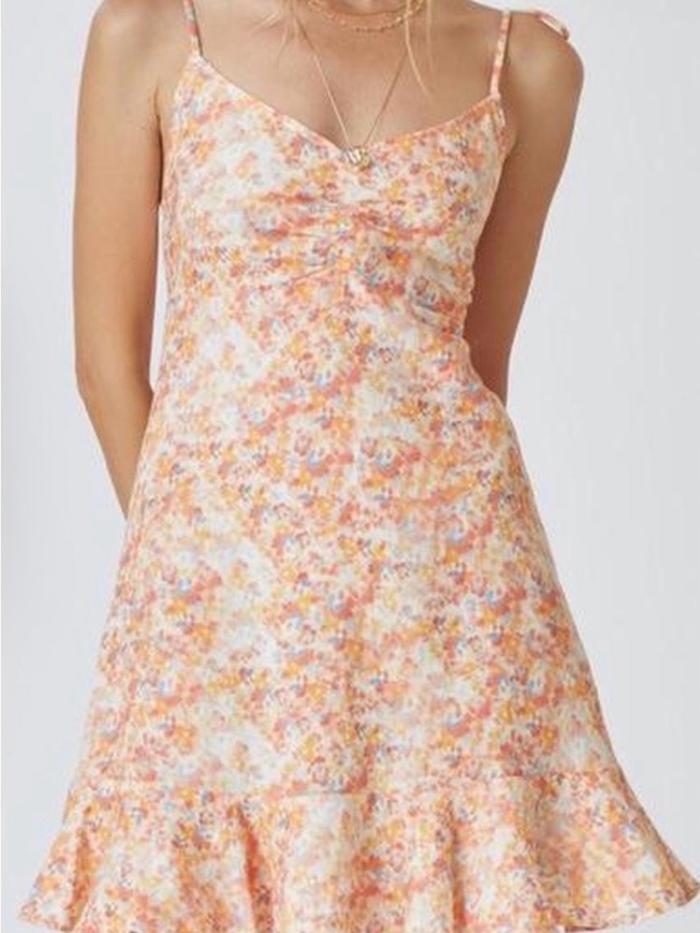 Anthropologie Linen Peach Multi Floral Spaghetti-Strap Mini Dress